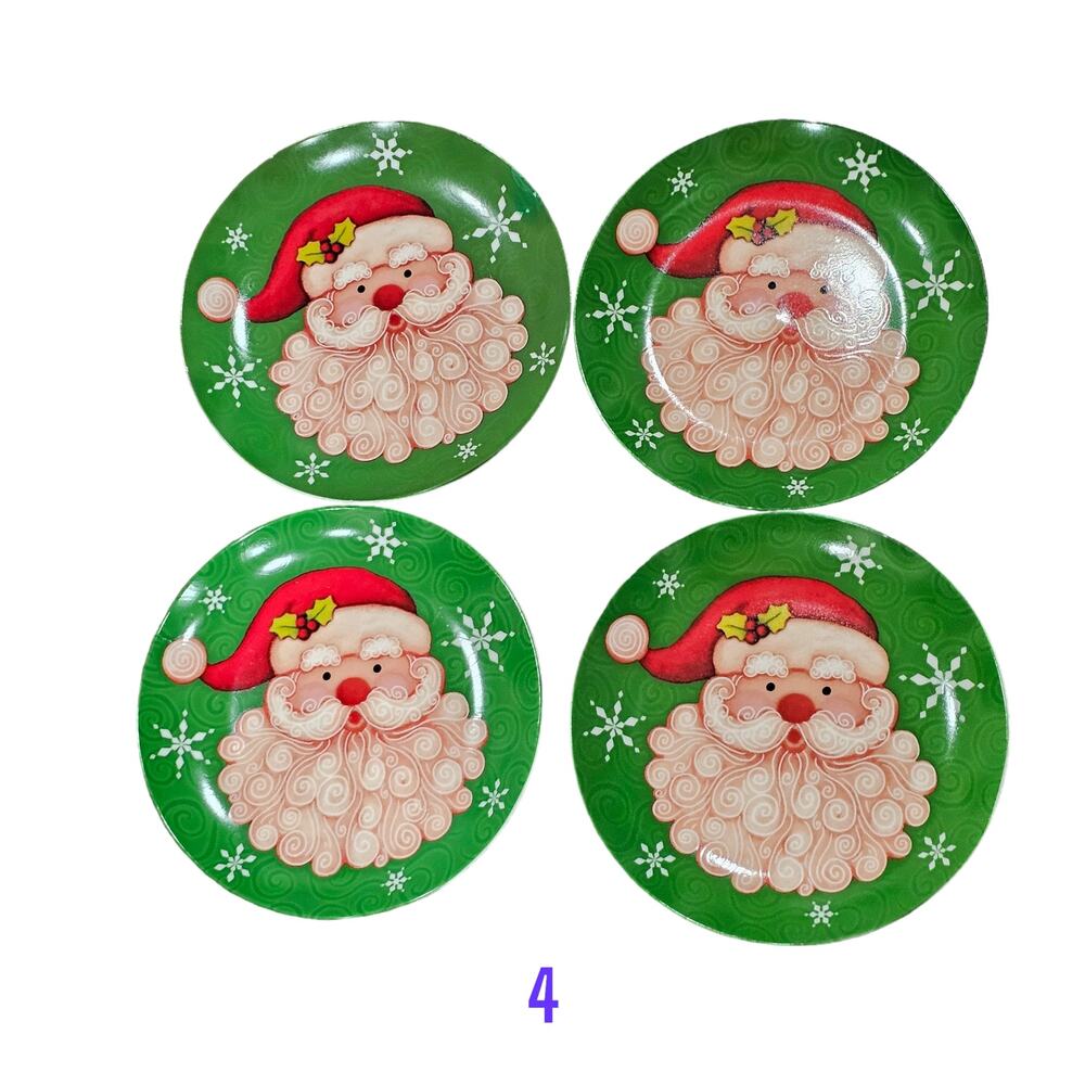 Cracker Barrel Christmas  Dessert‎ Plates  Santa Claus  Green Set of 4